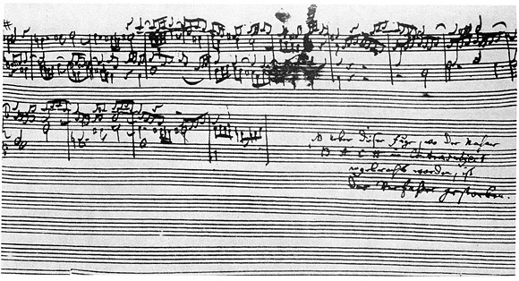 Bach utolsó fúgájának vége, utána a szerző fiának feljegyzése: „Über dieser Fuge, wo der Nahme B A C H im Contrasubject angebracht worden, ist der Verfasser gestorben,” azaz „Ahol a B A C H név megjelenik az ellentémában, a szerző meghalt.” Forrás: Deutsche Staatsbibliothek Berlin