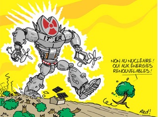 [Sugárzó robot, rajta franciául a következő szöveg: „Nem a nukleáris energiára! Igen a megújuló energiaforrásokra!” Forrás: Stop Iter]